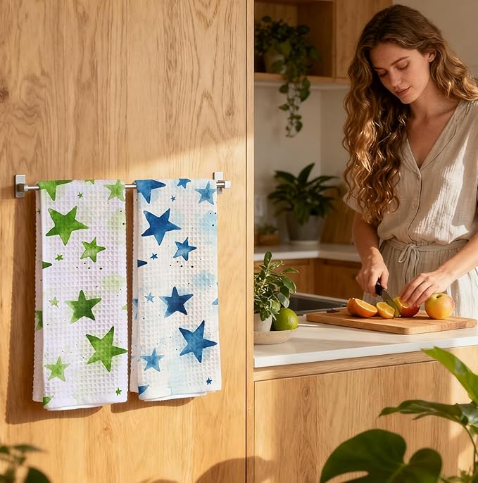 2-Pack Watercolor Star Towel, Star Waffle Towels, Nursery & Bathroom Hand Towel, 16x24 Inch Blue & Green Dish Tea Towel Decor for Kitchen & Nursery & Bathroom, Gift For Friends & Homeowners.
