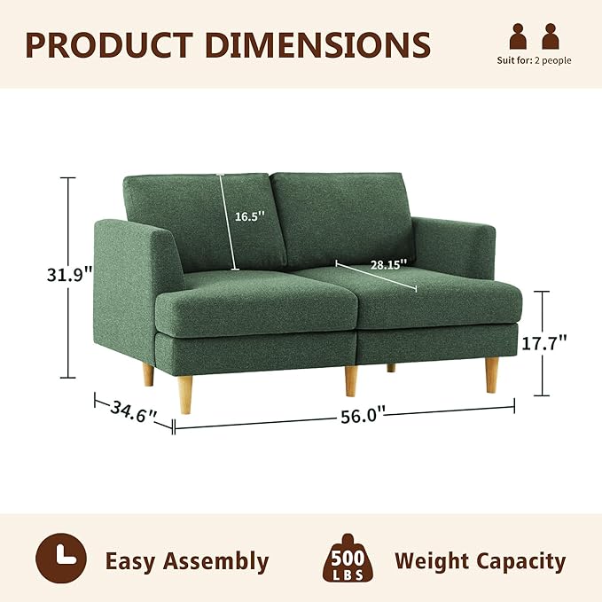 Loveseat Sofa 56" Mid Century Modern Small Couches for Small Spaces Love Seat with 2-Seat Upholstered Cushion Sofa Couches for Bedroom, Living Room, Apartment, Office (Green)