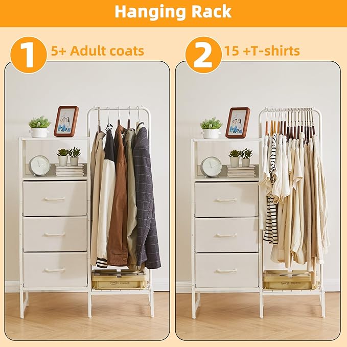 Clothes Rack, Garment Rack with Shelves and Hanging Rod, 3 Drawers, Reversible Coat Hanger, White YD-TM081W1