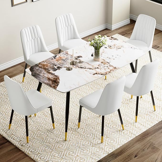 6 Person Dining Table Set, Sintered Stone Dining Table Set for 6, Kitchen Table Chairs Set of 6, Easy to Assemble