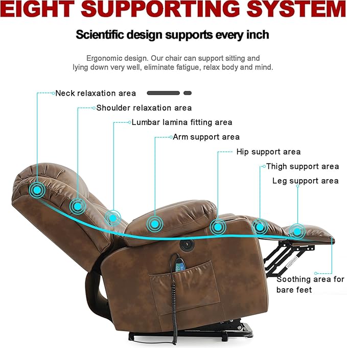 PARKOL Power Lift Recliner Chair for Elderly Breathable Leather Recliner Chair with Massage and Heat for People Limited Mobility (Ochre, Small)