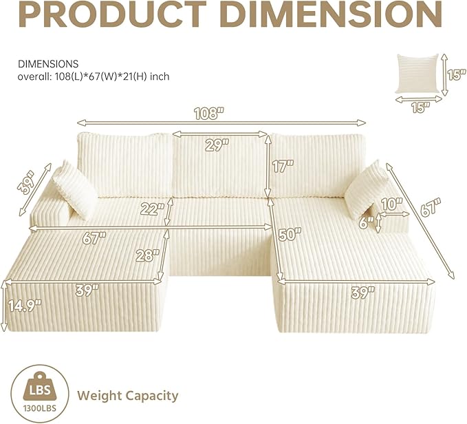 108" U Shaped Sectional Couch with Ottoman, Corduroy Modular Sectional Sofa with Deep Seat, Modern Modular L-Shape Sofa Couch with Chaise,Upholstered Boneless Couches for Living Room Bedroom