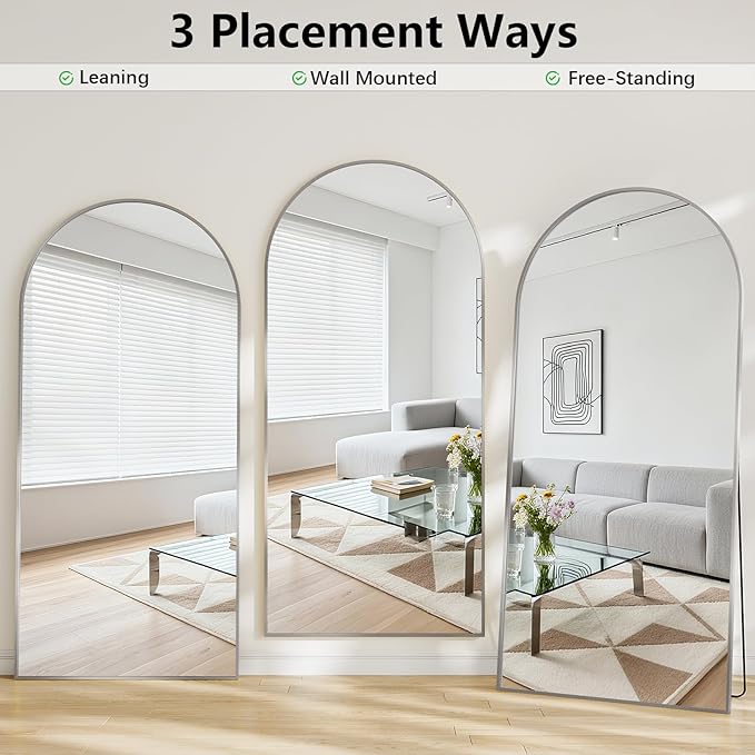 Mirror Full Length, 28"x71" Large Arched Floor Full Length Mirror with Stand, Room Decor Big Full Body Floor Mirror with HD Tempered Glass Aluminum Frame for Bedroom Living Room, Silver