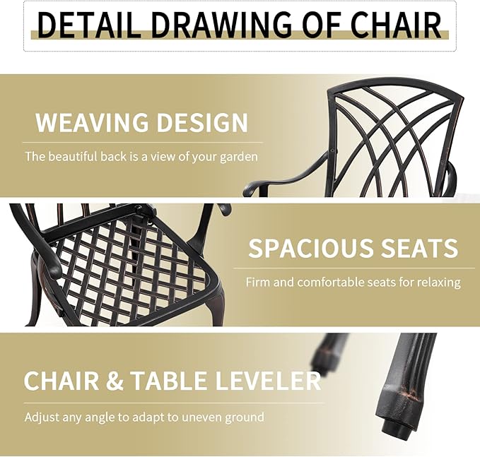 3 Piece Bistro Patio Set Cast Alumiunm Patio Furniture Set,All Weather Bistro Table and Chairs Set of 2 with 1.97" Umbrella Hole,Outdoor Patio Bistro Sets for Garden（Antique Bronze）