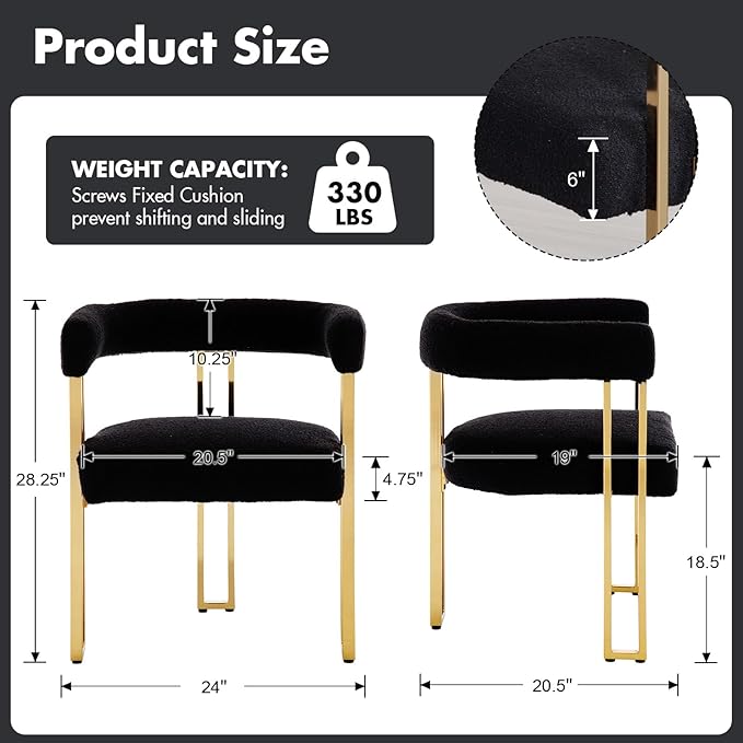 Set of 6 Modern Black Boucle Dining Chairs with Gold Metal Legs, Mid Century Accent Upholstered Barrel Armchairs with Open-Back for Kitchen, Dining Room, Living Room, Apartment