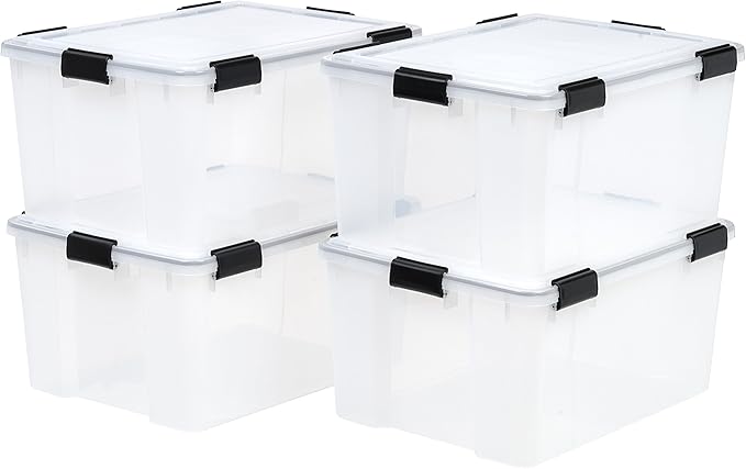 IRIS USA 62.8 Quart Plastic Storage Bin Tote Organizing Container with Durable Lid and Seal and Secure Latching Buckles, 4 Pack