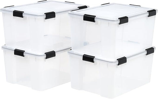 IRIS USA 62.8 Quart Plastic Storage Bin Tote Organizing Container with Durable Lid and Seal and Secure Latching Buckles, 4 Pack