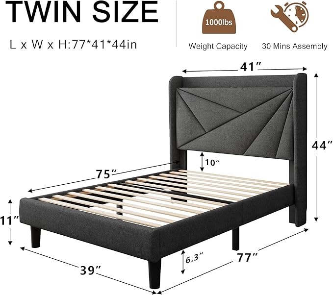 Twin Size Upholstered Bed Frame with Charging Station, Platform Bed Frame with Storage Headboard, Solid Wood Slats Support, No Box Spring Needed, Dark Gray