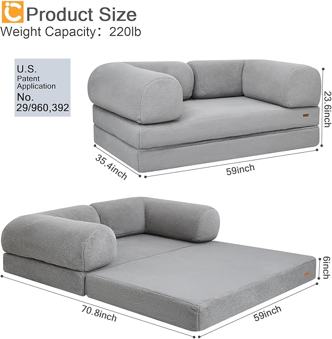 COMAX Folding Sofa Bed Queen, Foldable Couch Bed, Fold Out Futon Chair Sleeper for Adults, Convertible Floor Mattress Sofa for Bedrooom Living Room Guest Room, Faux Fur Grey