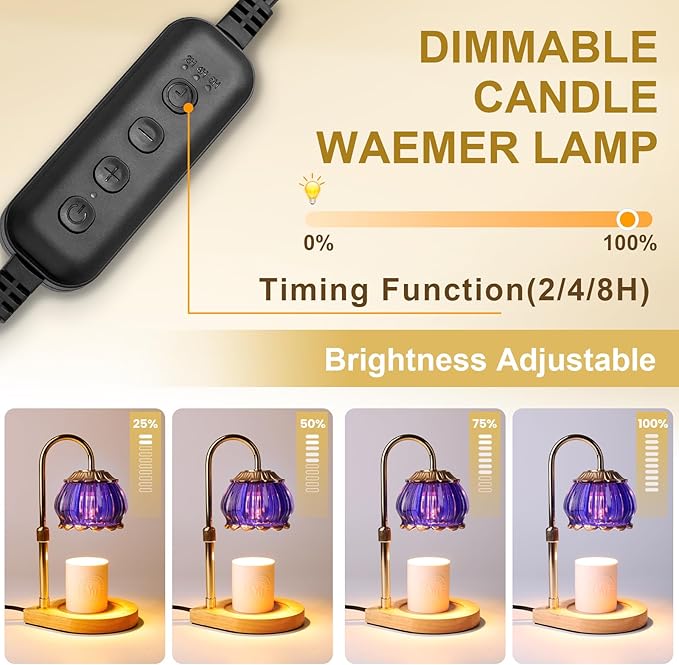 Candle Warmer Lamp with Timer, Adjustable Height Dimmable Candle Warmer Light,Christmas Gift for Women Glass Shade Electric Jar Candle Warming Lantern,Home Decor Cozy House Warming Gifts,Purple