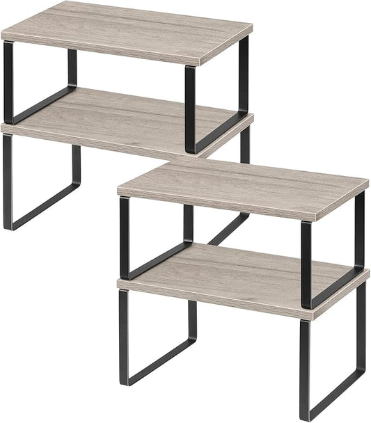 NEX Kitchen Cabinet and Counter Shelf Organizer, Shelf Riser for Pantry Countertop Cupboard Desk Top, Stackable & Expandable, Set of 4, Black and Greige