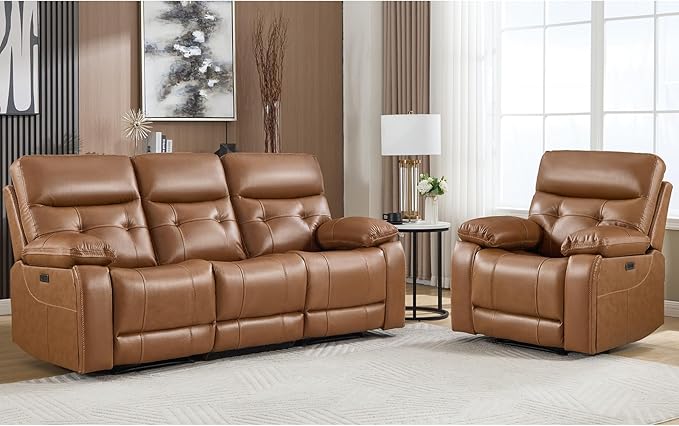 CANMOV Genuine Leather Power Recliner Sofa Set,Power Recliner Chair and Sofa Set, 2 Pieces Leather Couch with Storage Console, USB Ports, Cup Holders for Living Room,Brown