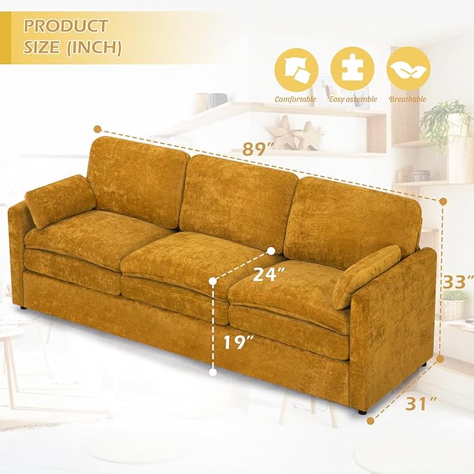 3 Pieces Chenille Sofa Set w/Arm Pillows, Upholstered 2 Pieces Loveseat & 3 Seater Sofa w/Comfortable Back Cushions, Modern 2-Seat & 3-Seat w/High-Density Foam for Living Room, Yellow