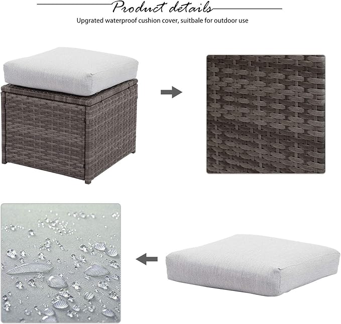 Wisteria Lane Outdoor Patio Furniture Set, 7 Piece Outdoor Dining Sectional Sofa with Dining Table and Chair, All Weather Wicker Conversation Set with Ottoman, Light Grey Cushion