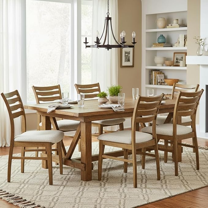 DUOMAY Farmhouse Dining Chairs Set of 6, Fur Beige Upholstered Side Chairs Solid Wood Ladder Back Kitchen Chairs for Home Dining Room, Browm Frame