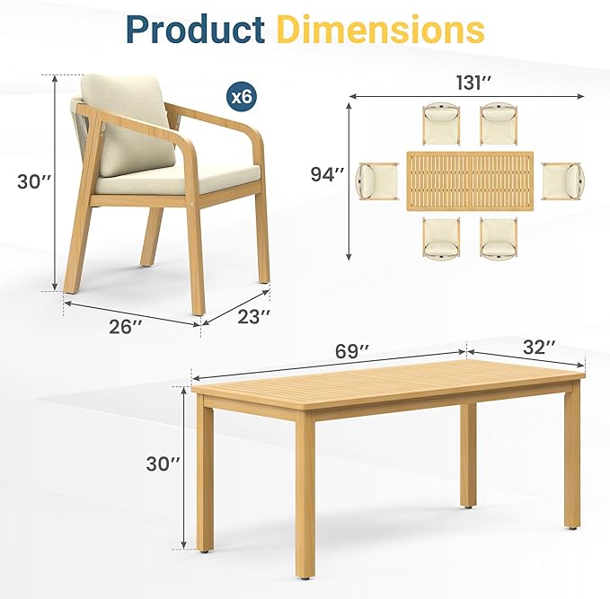 Wisteria Lane 7 Pieces Acacia Patio Dining Set for 6, Patio Dining Table and Chairs Set with Cushion, Modern Outdoor Dining Furniture Set for Lawn Backyard Garden Deck, Beige