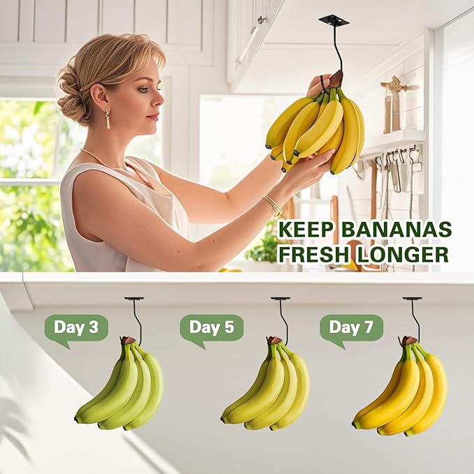 Banana Hanger Hook – Space Saving Banana Holder Hanger to Keep Bananas Fresh, Self Adhesive and Screw Banana Hook 1Pack Black