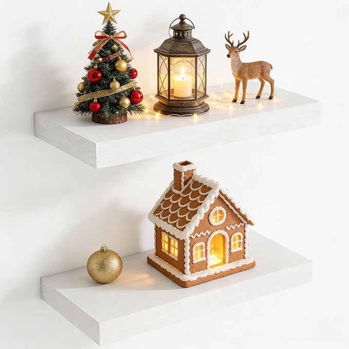 20 Inch Floating Shelves for Wall, 8 Inch Deep Floating Shelf for Storage & Display, Rustic Wall Mounted Shelf with Invisible Brackets for Living Room, Kitchen, Bathroom, Home Decor, Set of 2, White