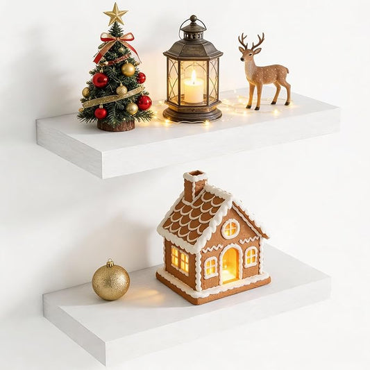 20 Inch Floating Shelves for Wall, 8 Inch Deep Floating Shelf for Storage & Display, Rustic Wall Mounted Shelf with Invisible Brackets for Living Room, Kitchen, Bathroom, Home Decor, Set of 2, White