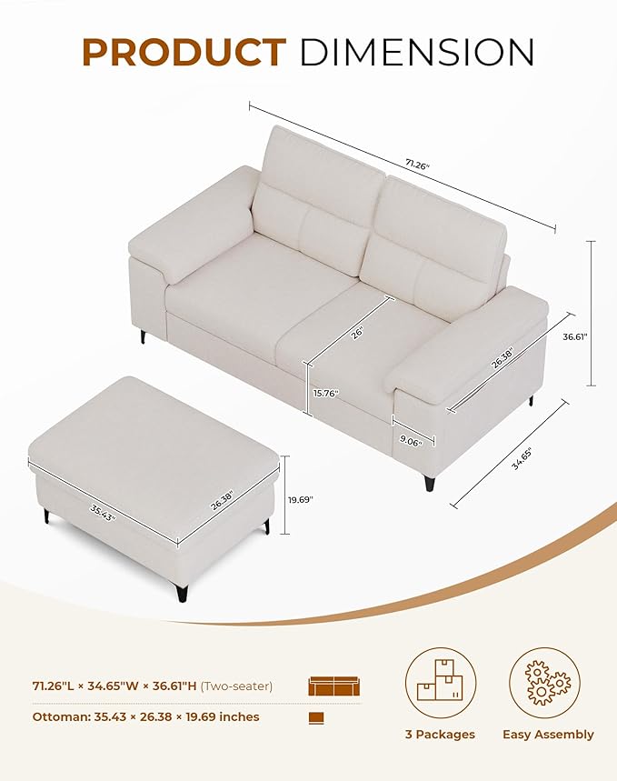 71.25" L Shaped Sectional Couches for Living Room, Deep Seat Sofa with Big Storage Ottoman & 8”Cushion, Comfy 2-Seater Chenille Loveseat, Convertible Armrest, Removable Cover for Small Space(Beige)