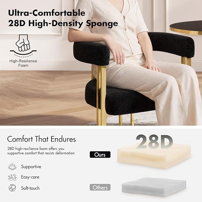 Set of 2 Modern Black Boucle Dining Chairs with Gold Metal Legs, Mid Century Accent Upholstered Barrel Armchairs with Open-Back for Kitchen, Dining Room, Living Room, Apartment