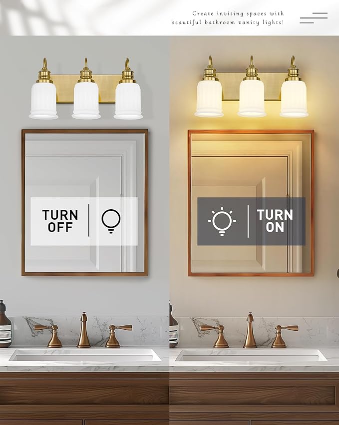 3-Light Bathroom Light Fixture, HWH Modern Vanity Light, Brushed Gold Wall Light Over Mirror, Frosted White Bell-Shaped Glass, 5HZG106B-3W BG
