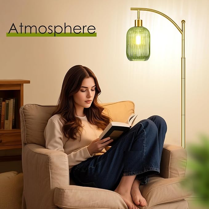 Glass Floor Lamp for Living Room, Modern Green Standing Lamp with Ribbed Glass Lampshade Pedal Switch, 67” Tall Lamp for Bedroom Study Room