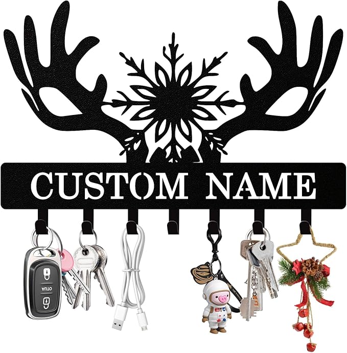 Personalized Deer Antler Key Holder Wall Mount, Custom Metal Keys Hanger for Wall with Name, Custom Key Rack Holder with Hooks for Entryway, Front Door, Hallway, Living Room, Kitchen