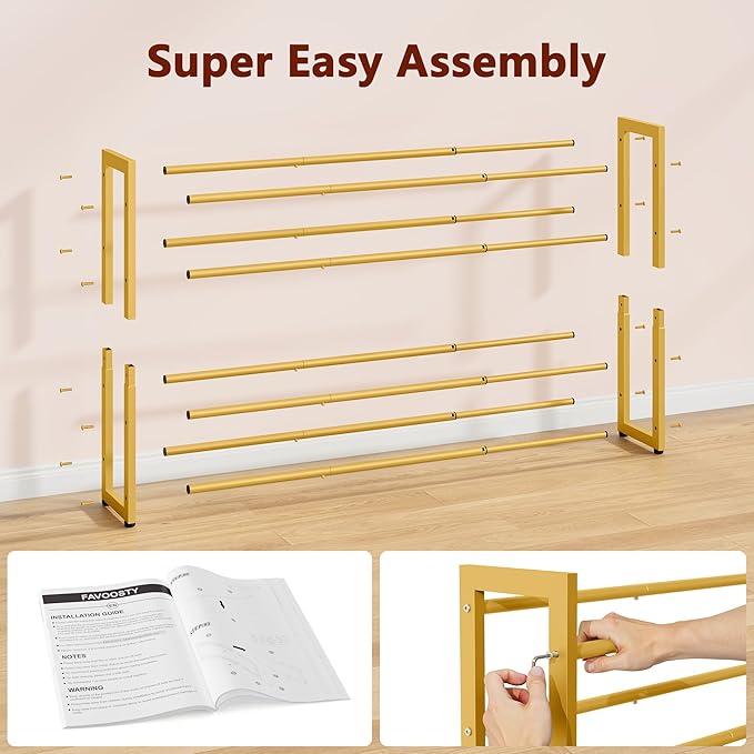 FAVOOSTY 4-Tier Expandable Shoe Rack, Adjustable Shoe Shelf Storage Organizer Space Saving Metal Free Standing Shoe Rack for Entryway Closet Doorway, Gold