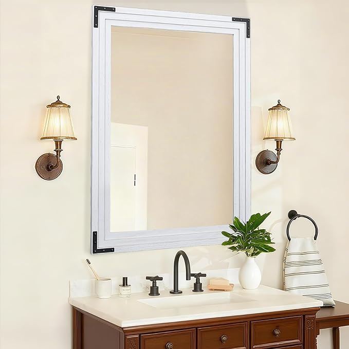 Full Length Mirror 40"x30" Solid Wood Frame Floor Standing Mirror, Hanging or Leaning Wall-Mounted for Living Room, Bedroom, Rustic White