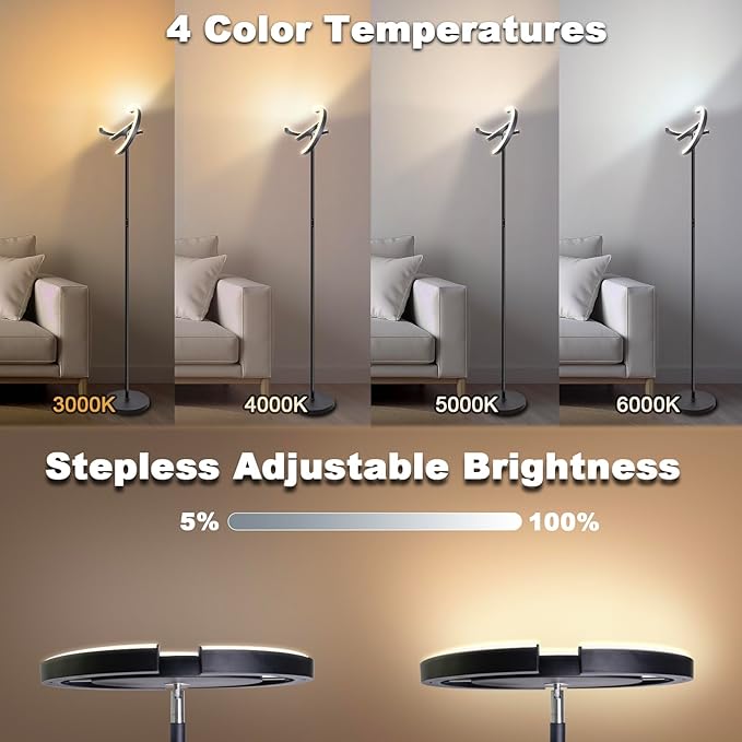 Floor Lamps for Living Room, Stepless Dimmable & Dimmable LED Floor Lamp,Modern Rotatable Reading Standing Lamp with Remote &Touch Control Tall Lamp for Bedroom Office