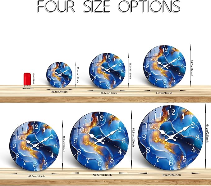 Large Wall Decor Modern Wooden Clock – Marble Texture Design Blue Wall-Clocks Battery Operated Silent Movement 16 Inch for Hallway