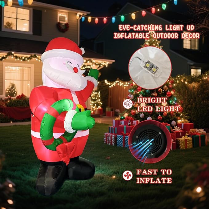 Giant Inflatable Santa Claus Christmas Decoration, 8Ft LED Lighted Outdoor Holiday Decor with Wreath, Fast Self-Inflating, Yard Lawn Garden Display