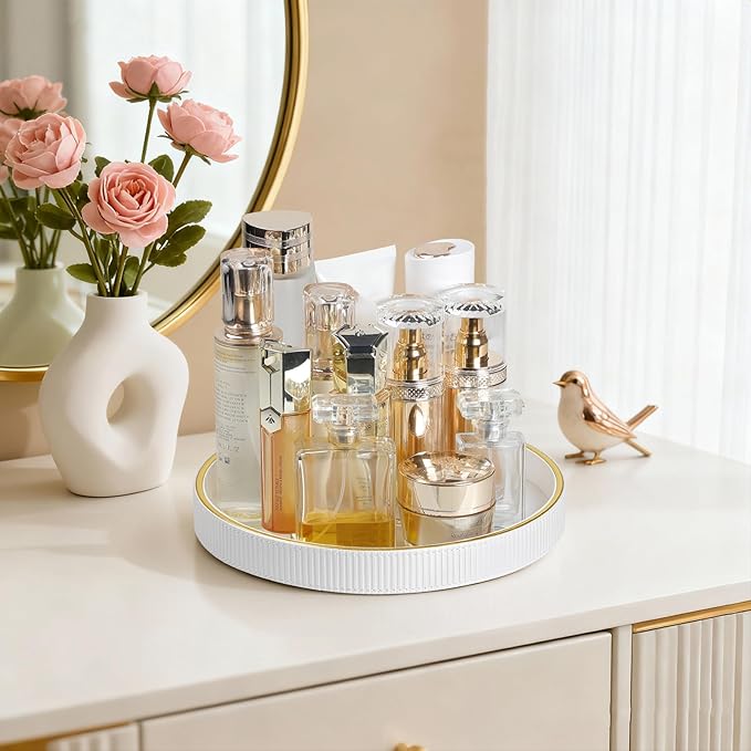 Round Decorative Tray for Coffee Table Decor, PU Leather Coffee Table Tray Golden Trim for Home Decor Living Room Dining Table, Perfume Trays Nightstand Organizer (White)