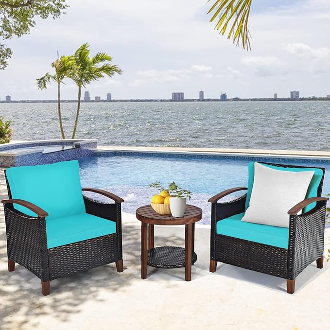 Tangkula 3 Pieces Patio Furniture Set, Outdoor Rattan Sofa and Side Table w/Solid Acacia Wood Frame, High Load Bearing Conversation Bistro Set w/Washable and Removable Cushions (Turquoise)