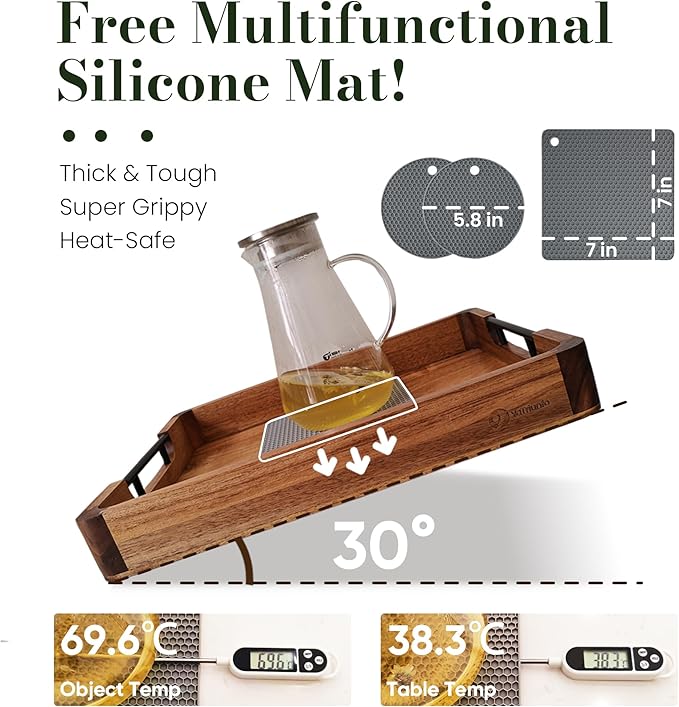 Wood Serving Tray with Handles, 17"x13" Large Decorative Ottoman Tray for Coffee Table, Walnut and Acacia Wooden Serving Trays for Party, Home Decor Rectangular Platters with 3 Silicone Mats