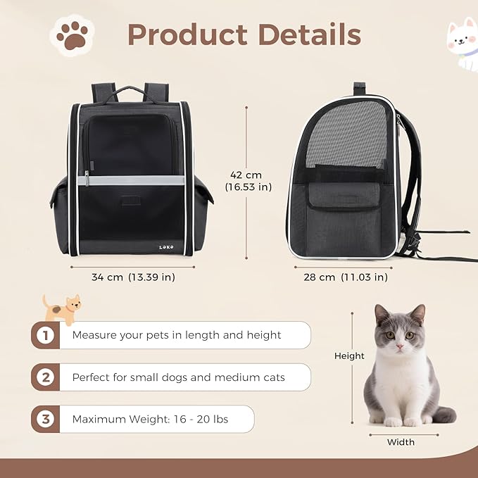 Lekereise Cat Backpack Carrier, Pet Carrier Backpack Airline Approved for Small Dogs Medium Cats Fit Up to 18 Lbs, Dogs Foldable Backpack Carrier for Travel, Hiking, Black