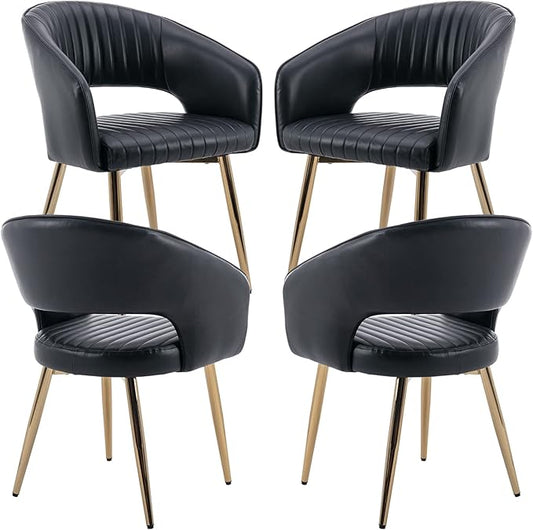 Modern Dining Chairs Set of 4, Upholstered PU Leather Gold Dining Room Chairs with Hollow Back, Accent Armrest Kitchen Chairs with Gold Legs for Living Room Black