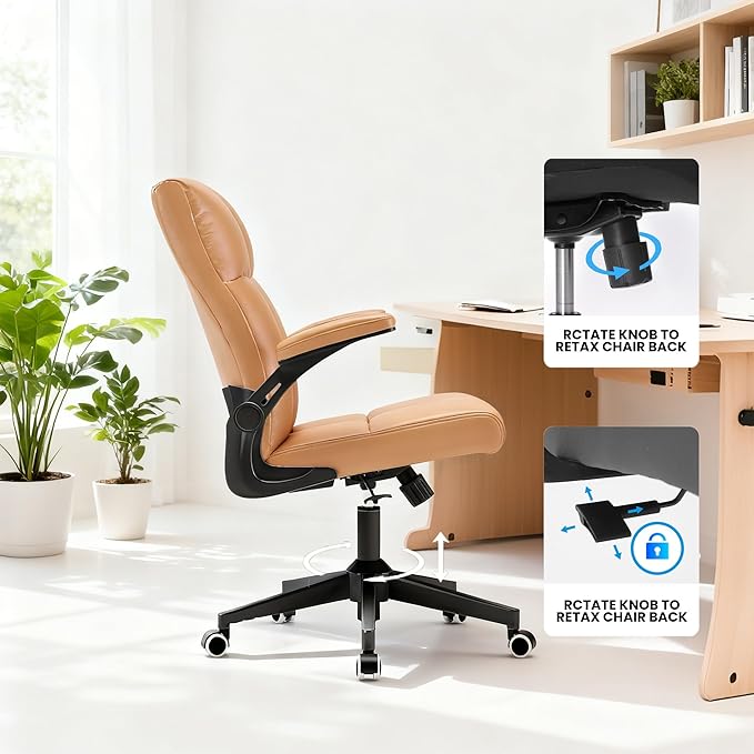 Computer Chair, Ergonomic Home Office Desk Chair with Space Saving Flip-Up Arms, 360° Swivel & Reclining Back, High-Back Executive Chair in Soft Faux Leather Chair Multi-Angle from 90° to 135°(Brown)