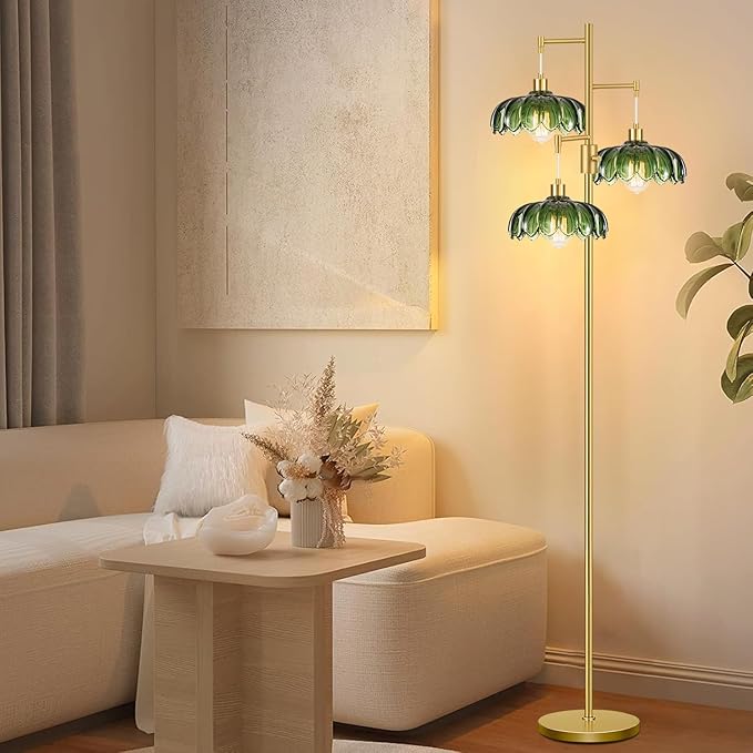 Vintage Floor Lamps for Living Room Bedroom-3 Light Dimmable Gold Floor Lamp with Glass Lampshape, Flower Tall Lamp Modern Mid Century Standing Lamp Green Tree Floor Lamp for Bedroom Corner