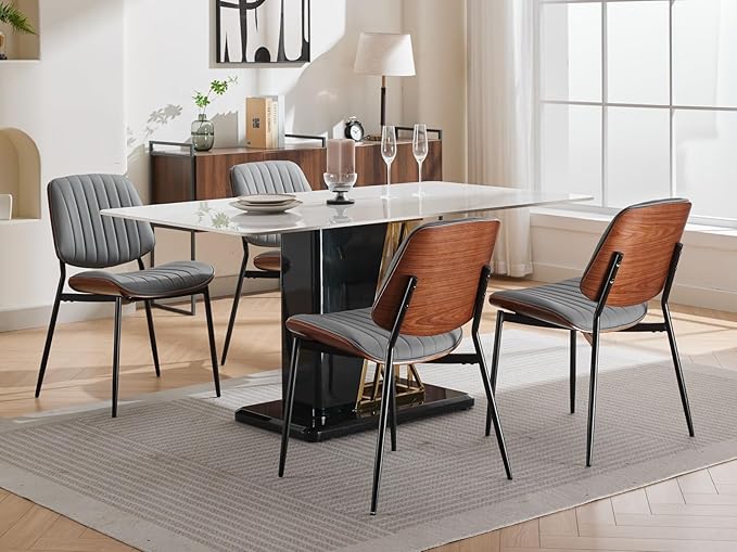 Dining Chairs Set of 6, Mid Century Modern Accent Dining Room and Kitchen Chairs, Upholstered PU Leather Vertical Stripe Chairs for Vanity with Walnut Bentwood and Metal Legs, Gray