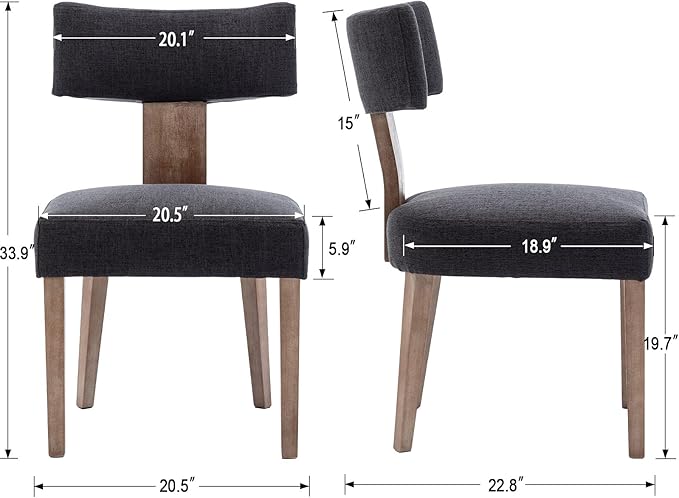 Linen Dining Chairs Set of 4, Modern Dining Chair with Curved Backrest and Wood Legs Upholstered Dining Chairs Farmhouse Dining Room Chairs Kitchen Chairs, Charcoal