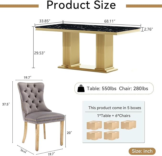 68" Faux Marble Dining Table Set for 6, 7-Piece Dining Set with Black Gold Kitchen Table and 6 Velvet Tufted Chairs, Modern Rectangular Dining Room Tables with Column-Shape Stainless Steel Base