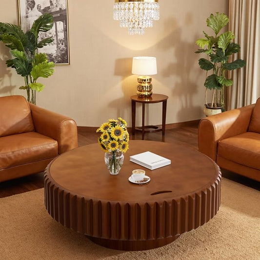 Round Drum Coffee Table with Storage Modern Coffee Table with Solid Wood Veneered Circle Center Table Accent Tea Table for Living Room Apartment Small Space (31.5in)