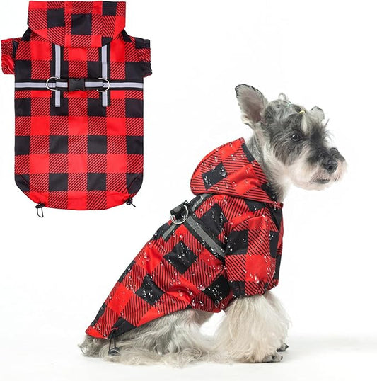 BEAUTYZOO Dog Raincoat and Jacket - Hooded with Built-in Harness, Poncho - Waterproof for Small, Medium, Large Dogs, Girls & Boys - Buffalo Red, Winter & Rainy Days