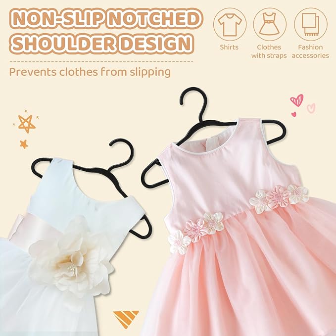 100 Pack Black Baby Hangers 11.42 Inch & 12.91 Inch Each 50 Pack - Kids Non-Slip Clothes Hangers for Infant & Child, Durable Plastic Children's Hangers for Closet, Pants, Coats, Skirts