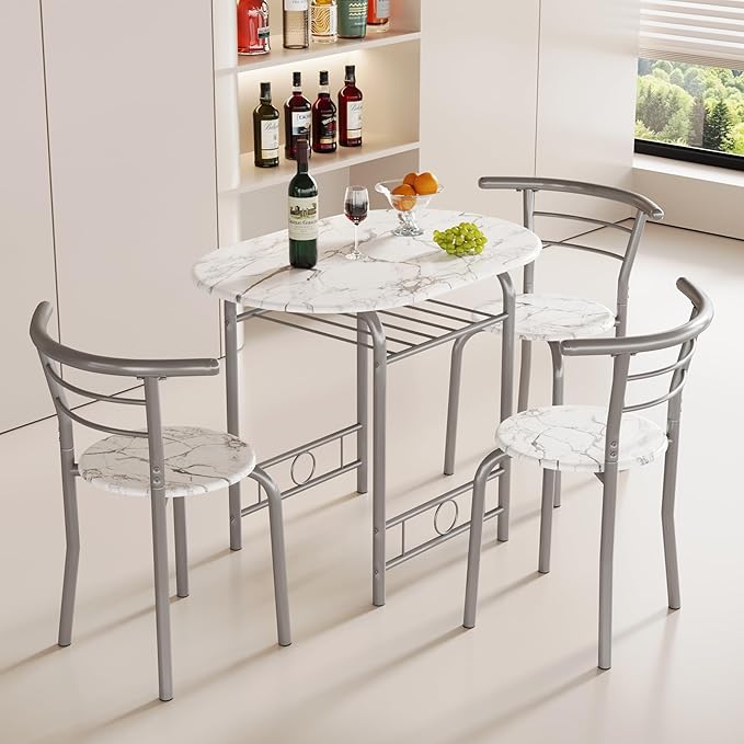 JUMMICO 3-Piece Wooden Round Table & Chair Set, Space Saving Kitchen Breakfast Nook Wood Grain Tabletop with Metal Frame and Built-in Wine Rack for Kitchen, Dining Room (White/Silver)