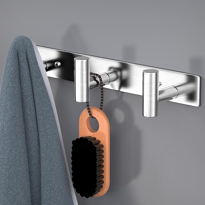 HUFEEOH 2 Pack Coat Hooks Wall Mount, Silver T Shaped 3 Hooks Wall Hooks Stainless Steel Coat Hanger, Heavy Duty Towel Hooks Purse Rack for Hanging