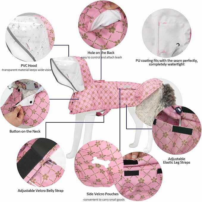 Waterproof Dog Raincoat, Adjustable Reflective Lightweight Pet Rain Clothes with Poncho Hood (Gold Cheery Blossoms Pink, Medium)
