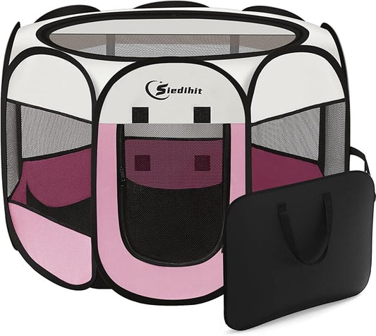 Pink Dog Playpen, Puppy Pet Cat Playpen Indoor for Small Dogs Cats, Dog Tent Crates Cage Indoor/Outdoor, Portable Pop Up Dog Kennel Playpen with Carrying Case for Dogs/Cats/Rabbits, Zipper Top
